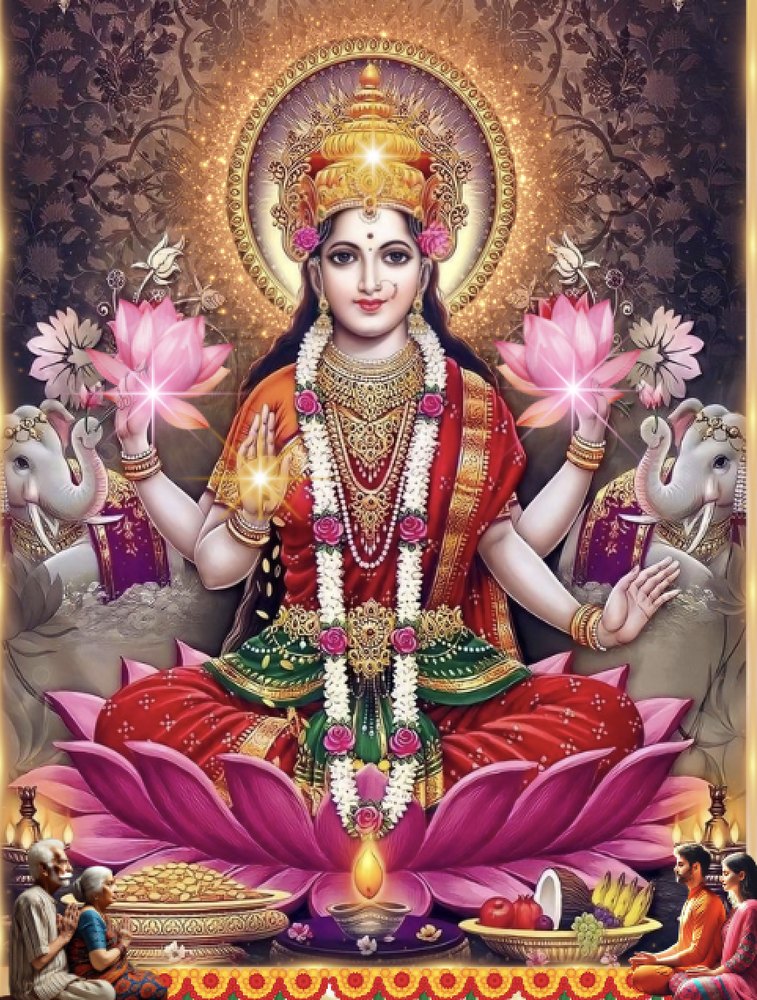 Darshan of The Divine Vigraha Of The Divine Mother Maa Kamalatmika, Seated On the lotus, garlanded, the lamps burning